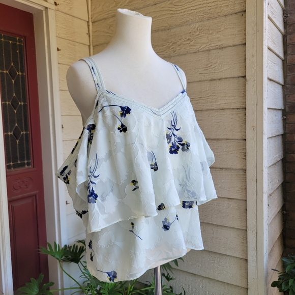 COPY - Lucky Brand Mint Floral Chiffon Cold Shoulder Tiered Top - Picture 1 of 6